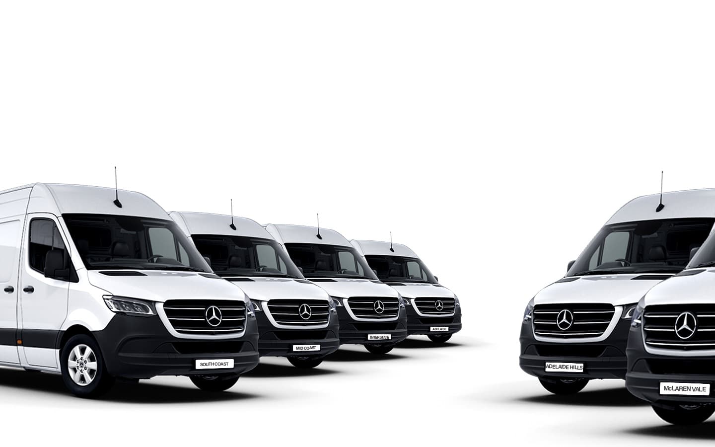 Six Mercedes Sprinter vans from the Fleurieu Logistics fleet lined up in a row, each with a number plate naming the run it works — including South Coast, Adelaide Hills and McLaren Vale